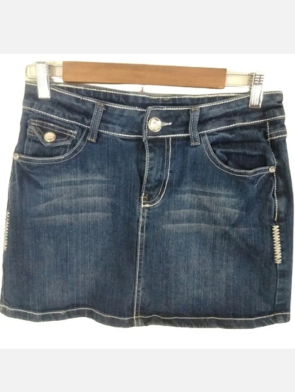 Decoded Junior Denim Mini Skirt Dark Wash Size 9 - Distressed Contrast Stitch